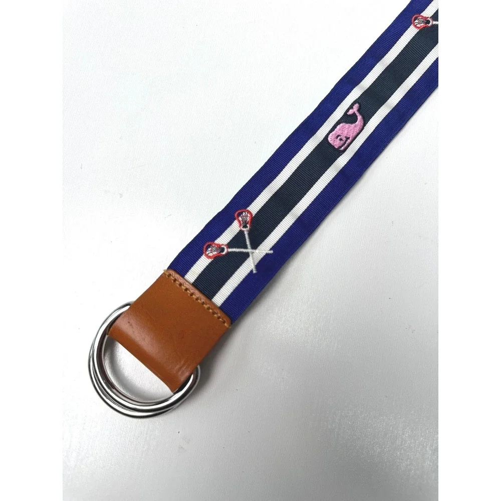 Vineyard Vines Mens Navy Striped Lacrosse Whale D-Ring Belt Leather Trim Size M